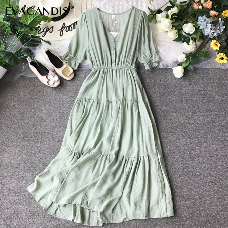 

Ruffle Dress Korean Plus Size Summer Beach Elegant Sexy Beach Boho Tunic Puff Sleeve V Neck Midi White Long Women Vestidos