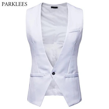 

2018 White Mens Suit Vest Classic Formal Business Slim Fit Vests Men Deep V Neck One Button Waistcoat Homme Colete Masculino XXL