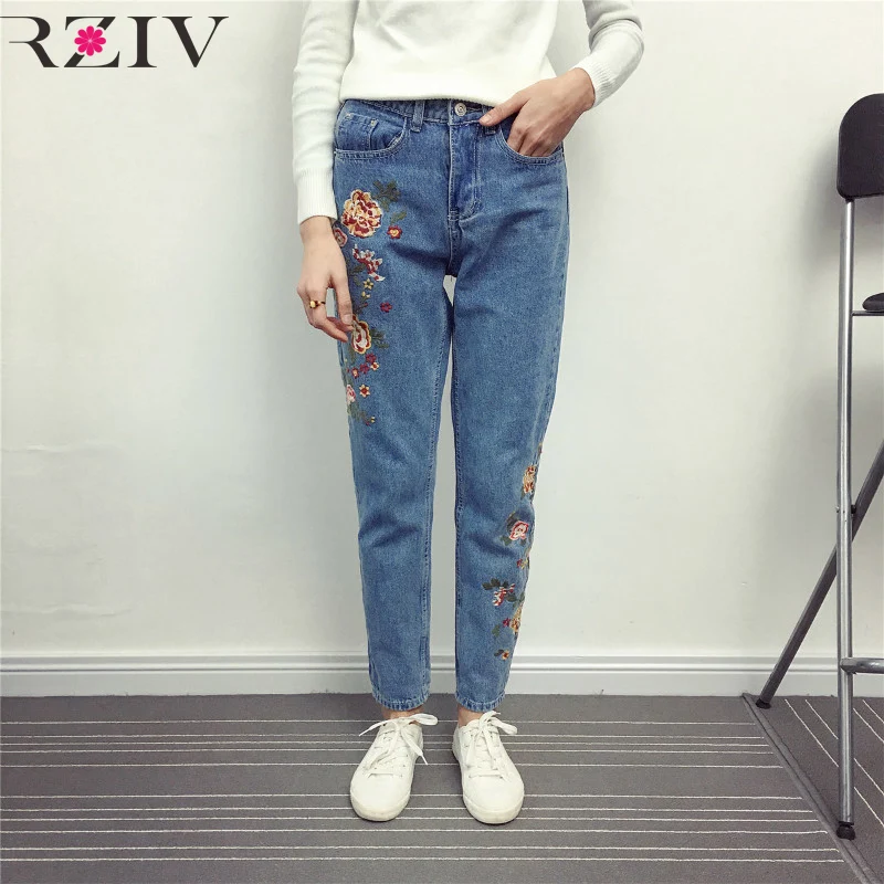 RZIV 2017 female jeans casual pure color flowers embroidered high waist jeans