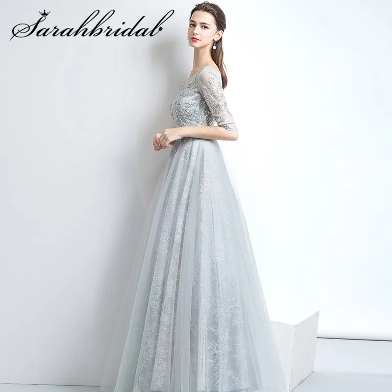 Sweety Sky Blue Evening Dress Long New Arrivals A-line Floor Length Half Illusion Sleeve Beaded Lace Up Party Prom Gown CC3130 Sweety Sky Blue Evening Dress Long New Arrivals A-line Floor Length Half Illusion Sleeve Beaded Lace Up Party Prom Gown CC3130