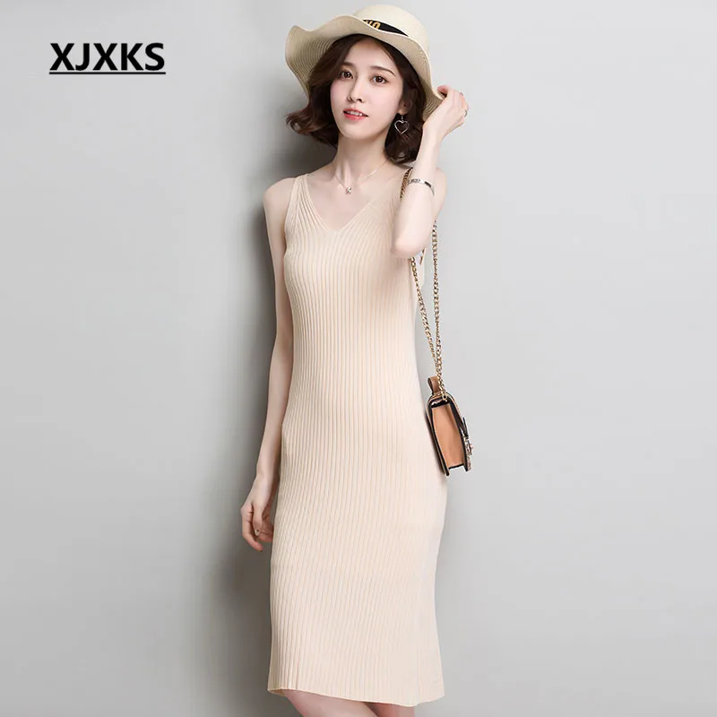 

XJXKS Women's Sleeveless Dress 2019 Summer New Thin Knitted High Elastic Fashion V-neck Comfortable Women's Dress