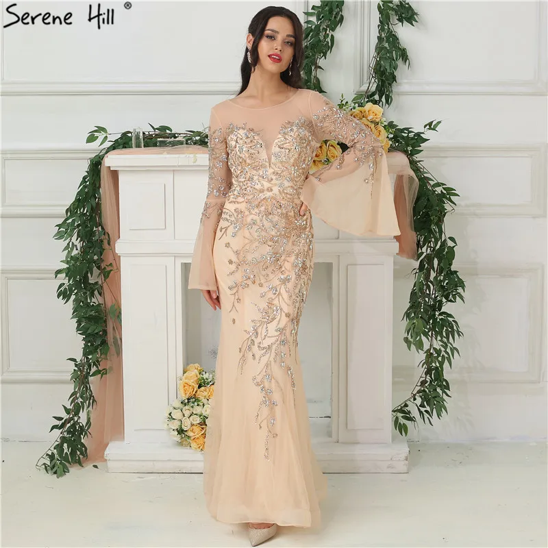 Роскошные сексуальные вечерние платья золотого Дубая дизайна 2019, длинное вечернее платье с рукавами, украшенное бусинами, LA6553