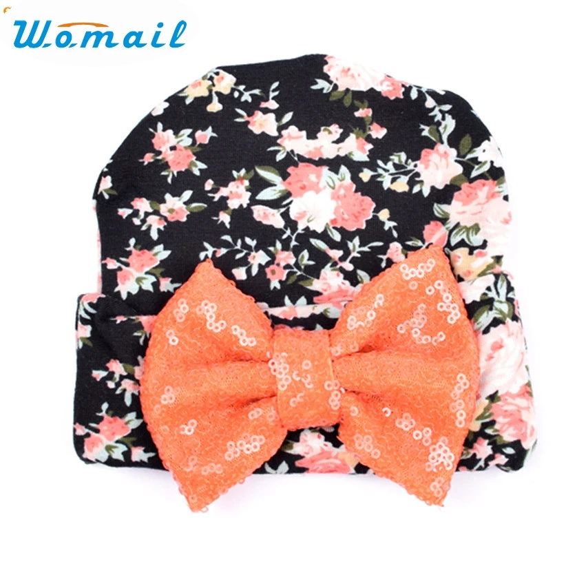 

Womail Newly Design Big Sequins Boknow Flowers Printed Black Hat Cap For Baby Kids 160804 Drop Shipping