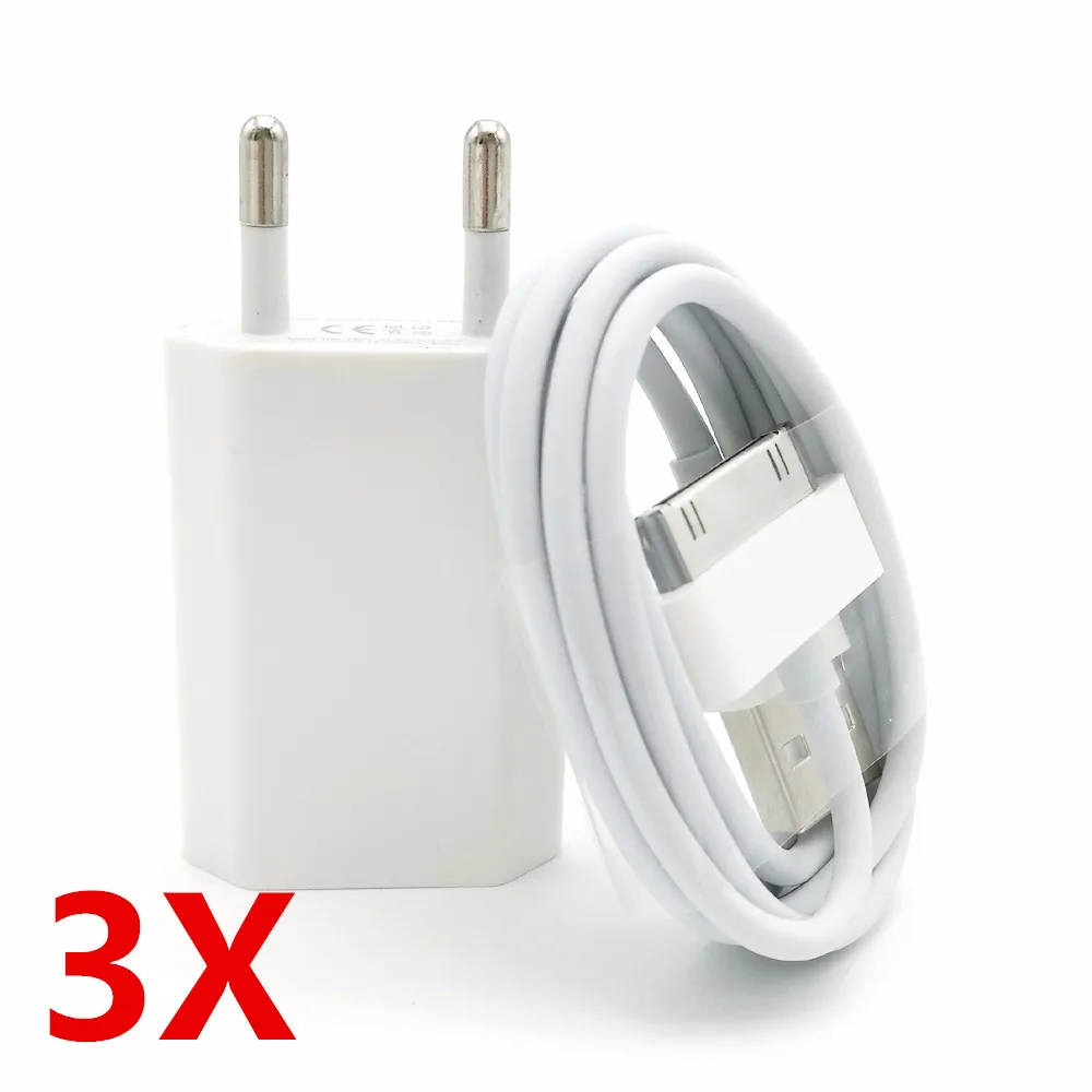 

3 Kits/Lot Quality EU Plug Traval Wall AC Power Charger + 1m White 30Pin Data Sync Charging Charger Cable for iPhone 4 4S 3GS