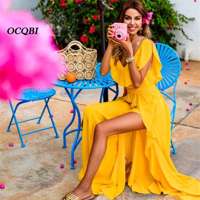 

Plus Size Bohemian 2018 Women Summer Bohemian Casual Beach Sundress Sexy Fashion Tank Yellow Maxi Dress
