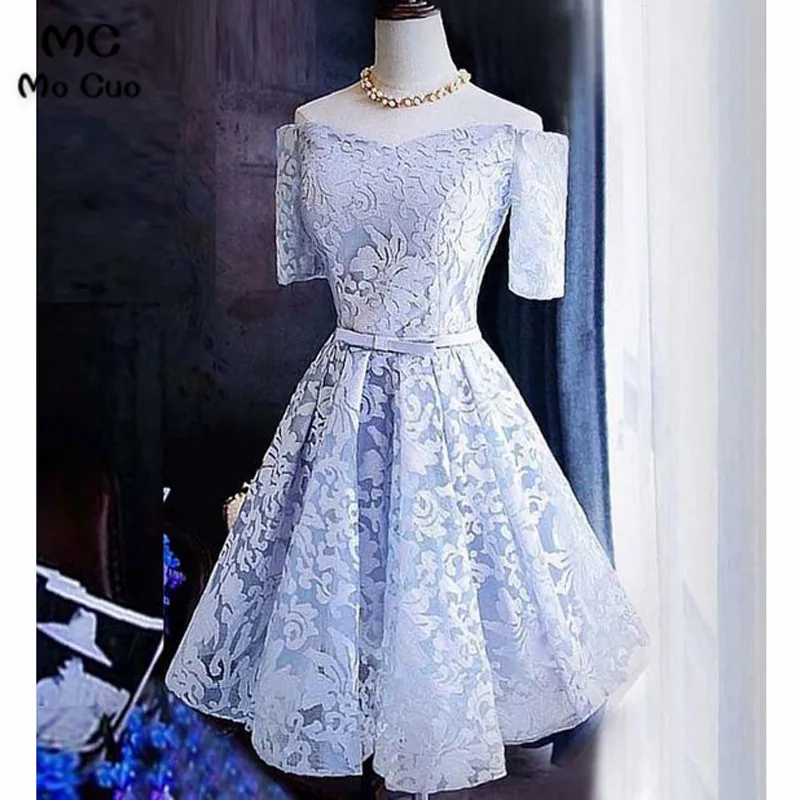 Lace Grey Off-the-Shoulder Half Sleeves Homecoming Dress with Sash, Short Prom Dress
