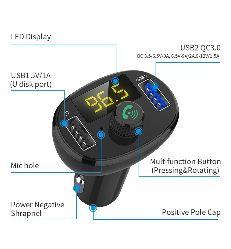 Автомобильное зарядное устройство с двумя USB для телефона в автомобильный комплект Bluetooth fm-передатчик модулятор аудио Музыка MP3 плеер QC3.0 быстрое автомобильное зарядное устройство для телефона