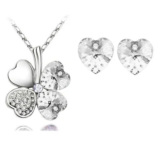 Кристалл Клевер 4 листа сердце кулон ожерелье серьги Модные Ювелирные наборы офис талисманы женщины девушка плавающее сердце качество подарки - Окраска металла: silver white
