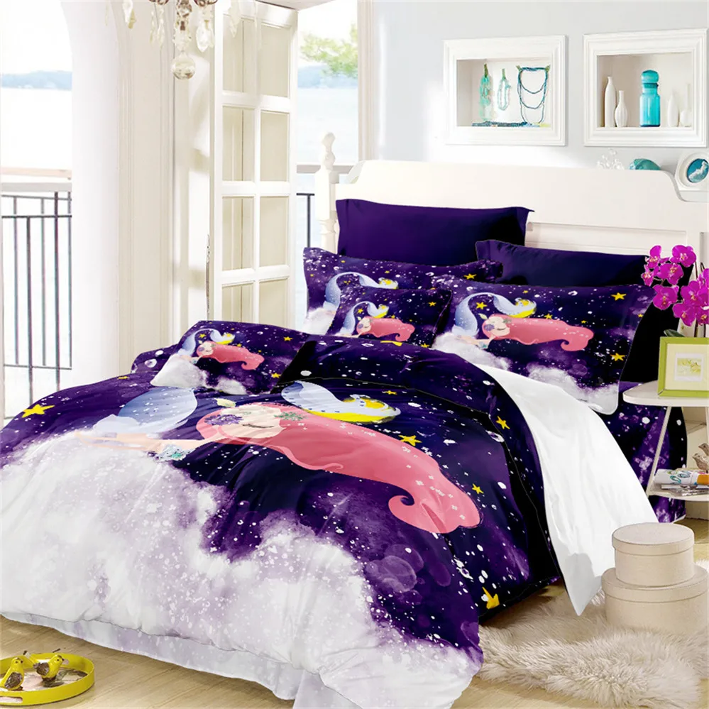 Cartoon Mermaid Bedding Set Girls Sweet Duvet Cover Purple Blue Wave Print Bed Festival Gift Bedclothes Home Decor D49 | Дом и сад