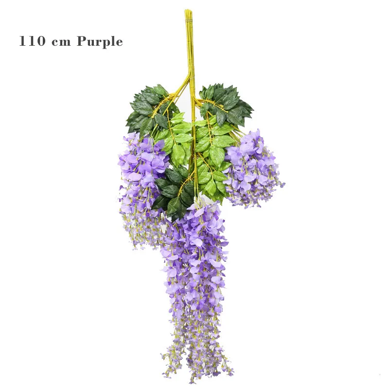 12 шт. 75 см/110 см искусственный шелк Wisteria поддельные Сад Висячие цветы лоза Свадебная вечеринка домашний декор, зеленый красный фиолетовый белый - Цвет: 110cm Purple