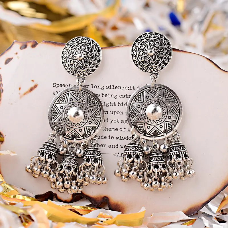 OIQUEI Boho Винтаж Jhumka Заявление Большие колокольчики кисточкой Висячие серьги для женщин этнические круглые резные brincos цыганские индийские ювелирные изделия