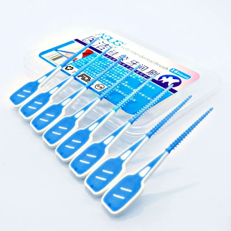 

16Pcs/Box Oral Care Adults Interdental Brushes Dental Floss Sticks Silicone Toothpick Clean Between Teeth Massage Gums Tool