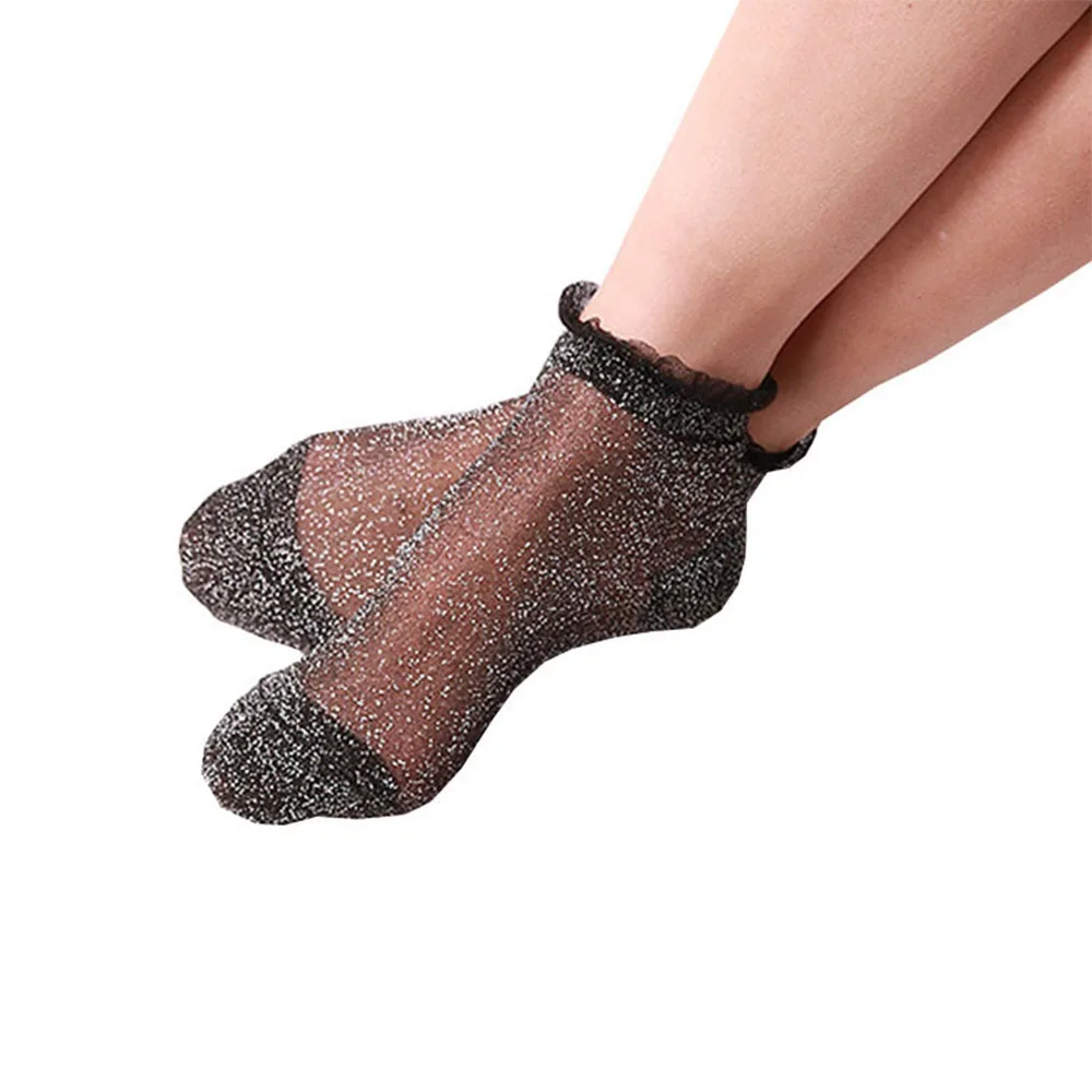Glitter Mesh Lacework Socks Fashion Silk Female Short Socks Shiny Soft