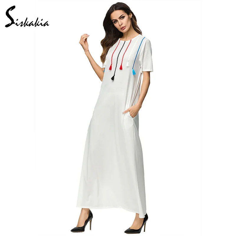 

Siskakia white long dress Qatar Dubai Egypt UAE Ramadan Clothing brief elegant urban casual summer dresses for women maxi dress