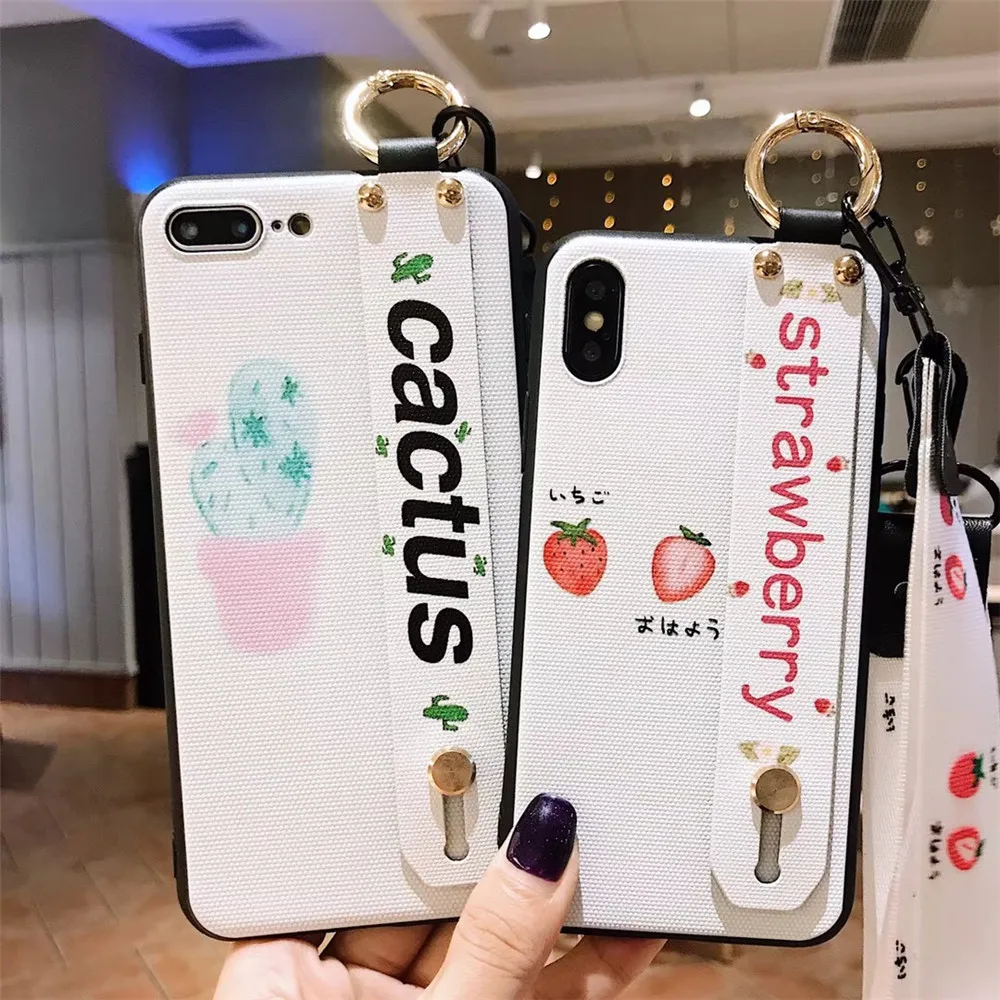 Summer Fruit Strawberry Cactus Wrist Strap Phone Case For Vivo NEX S/A X7 X9 X20 X21 X23 Y66 Y85 Matte Soft Covers with Lanyard |