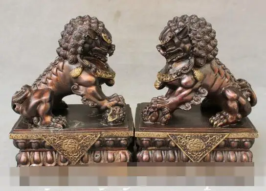 

song voge gem S6058 10 Folk Chinese FengShui Bronze Gilt Guard Fu Foo Dog Lion Ball Seat Statue Pair