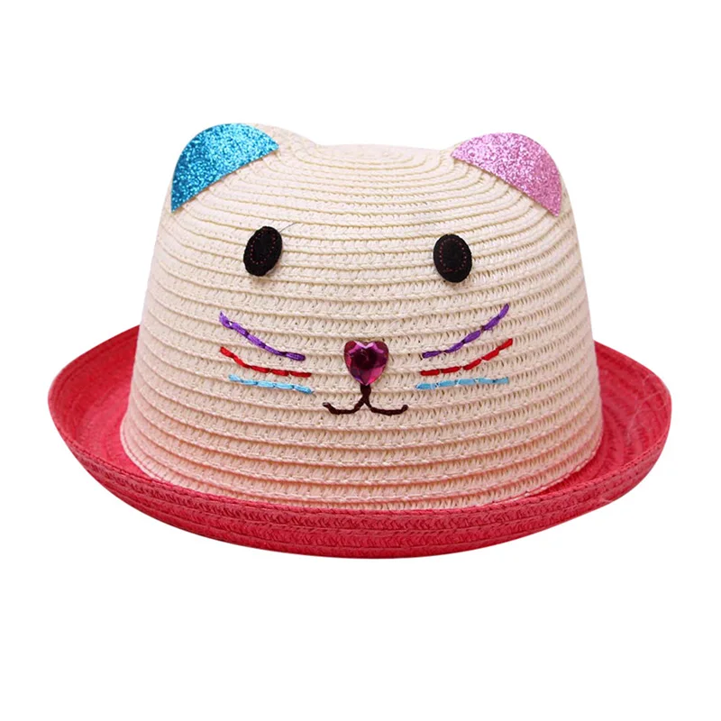 Летняя детская шапочка колпачок для детей, дышащие соломенные шапки, детские шапки с кошачьими ушками, Детские милые однотонные шапки для мальчиков и девочек - Цвет: Watermelon redR