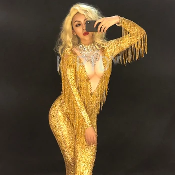

Sparkly Gold Stones Fringes Jumpsuit Rhinestones Sexy Bodysuit Female Singer Evening Stage Wear Birthday Celebrate Outfit DL3431