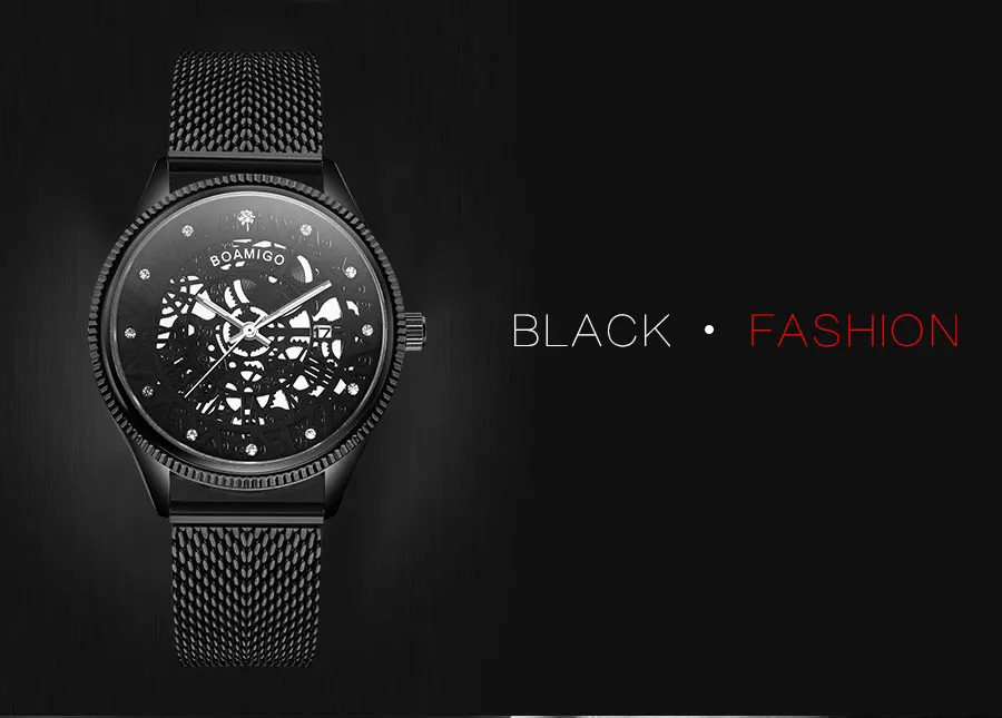 BOAMIGO Brand Mesh Steel Band Watches Mens Black Quartz Watch Fashion Skeleton Male Simple Wristwatch Auto Date Waterproof Clock (15)