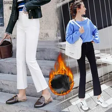 GUUZYUVIZ женские джинсы Осень Зима повседневные эластичные бархатные винтажные женские джинсы длиной до щиколотки черные утолщенные Теплые джинсы женские