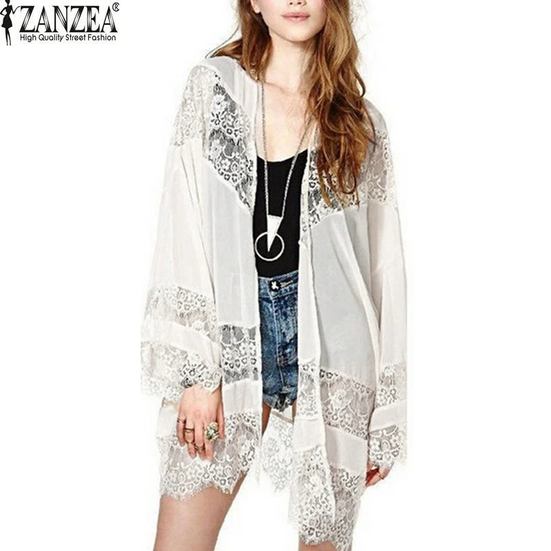Plus Size ZANZEA Women 2019 Casual Vintage Kimono Cardigan Lace Crochet Chiffon Loose Blouse Tops Beach Beige Black White