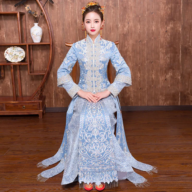 

Luxury Blue Rhinestone Traditional Bride Embroidery Cheongsam Chinese Style Wedding Formal Dress Female Overseas Chinese Qipao