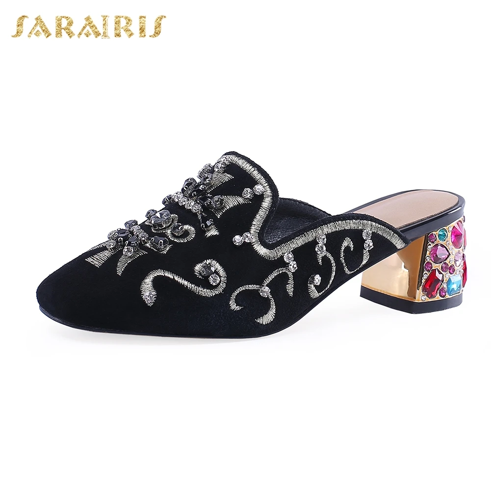 

Sarairis 2019 Fashion Print Flower Slip On Mules Summer Genuine Leather Shoes Slippers Women Shoes Woman Large Size 34-43