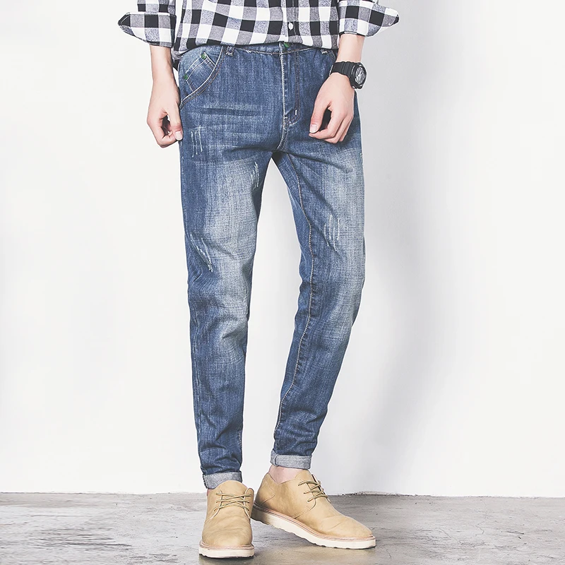 2017 Direct Selling Top Softener Midweight Scratched Regular Jeans Men Denim Pants Trousers Cotton For Holes