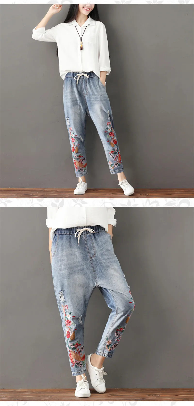Винтажные джинсы размера плюс 3XL на шнуровке с вышивкой, женские джинсы с эластичной резинкой на талии, джинсы для женщин в стиле бойфренд, повседневные джинсы Feminino C4330