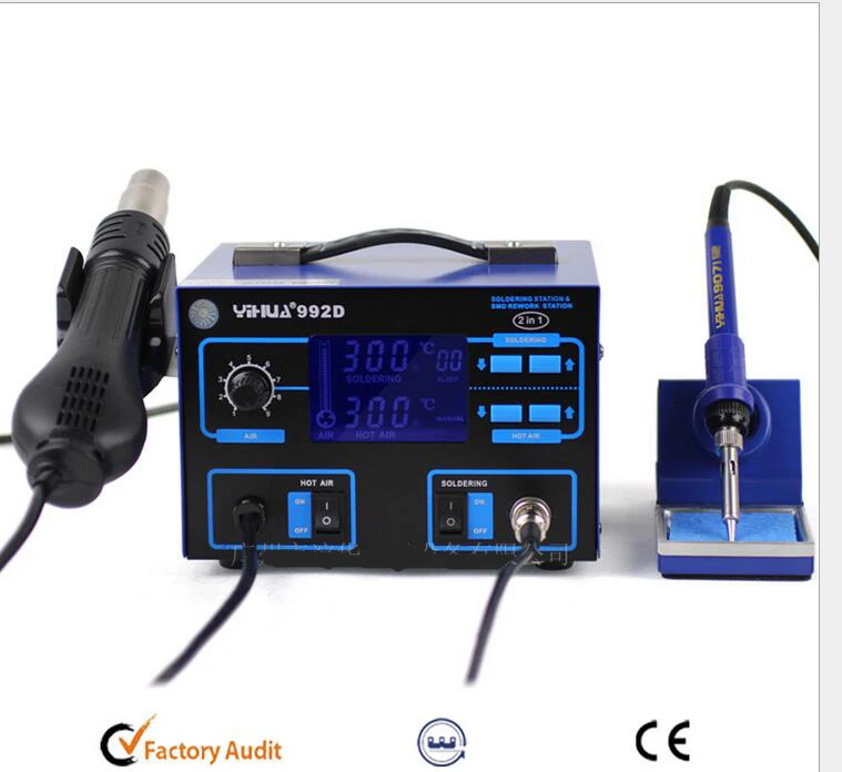 

YIHUA 992D Lead-Free 2 in 1 SMD Hot Air Heat Gun Rework Solder Station + Soldering Iron Welding Repair With Free Gifts
