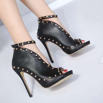 

Women Sandals High Heels Summer Thin Heels 11CM rivet Thin Heel PU Leather Rivet Peep Toe Sexy Party Shoes