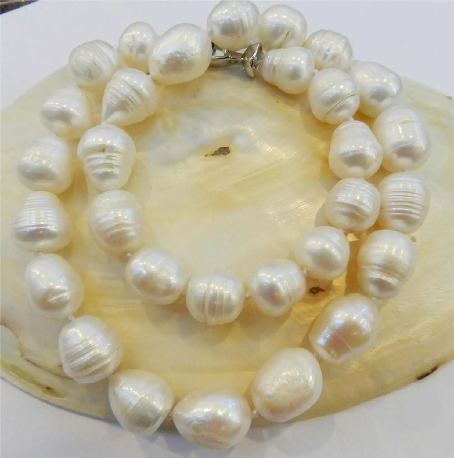 

BIG RICE SHAPE 12-13MM WHITE REAL NATURAL PEARL NECKLACE 18" AAA S a(5.18)