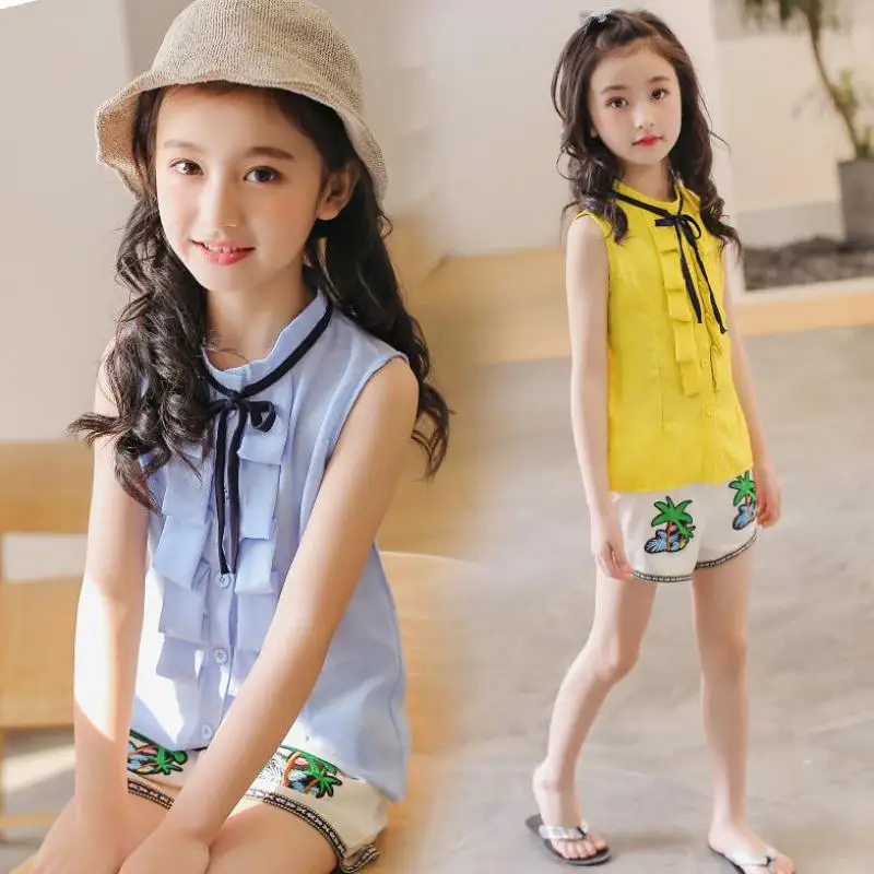 

Summer Children Clothing Teenage Girls Clothing Sets 2018 New Print Blouses Shirts + Shorts School Uniform Costume 6 8 10 12 14