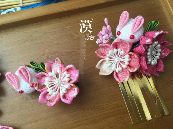 Hand made шпилька из хлопчатобумажной ткани заколки для волос заколки японские кимоно Аниме для маскарада аксессуары sakura bunny розовый A