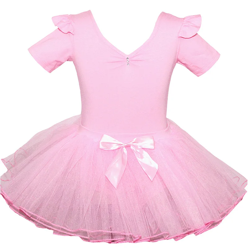Детский хлопковый гимнастический купальник балет платье Детская танцевальная пачка с короткими рукавами Одежда для танцев балерина для девочек - Цвет: PinkShort