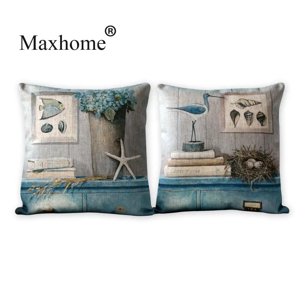 

Vintage Marin Printed Linen Pillowcase Fish and Bird Cushion Decorative Pillow Home Decor Throw Pillow Cushion 45X45