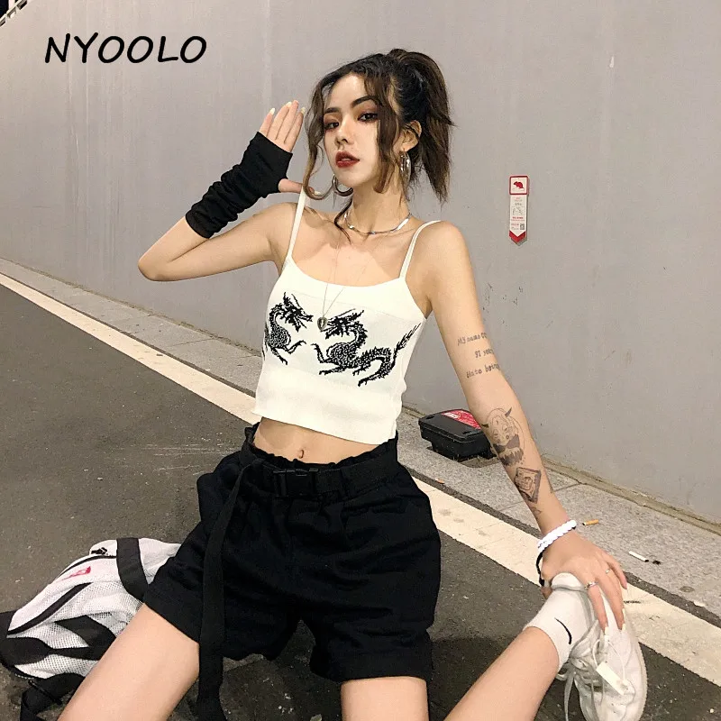 NYOOLO Harajuku стиль, винтажный Рисунок дракона, короткий топ с принтом, летняя уличная одежда, сексуальный топ без рукавов, женская одежда