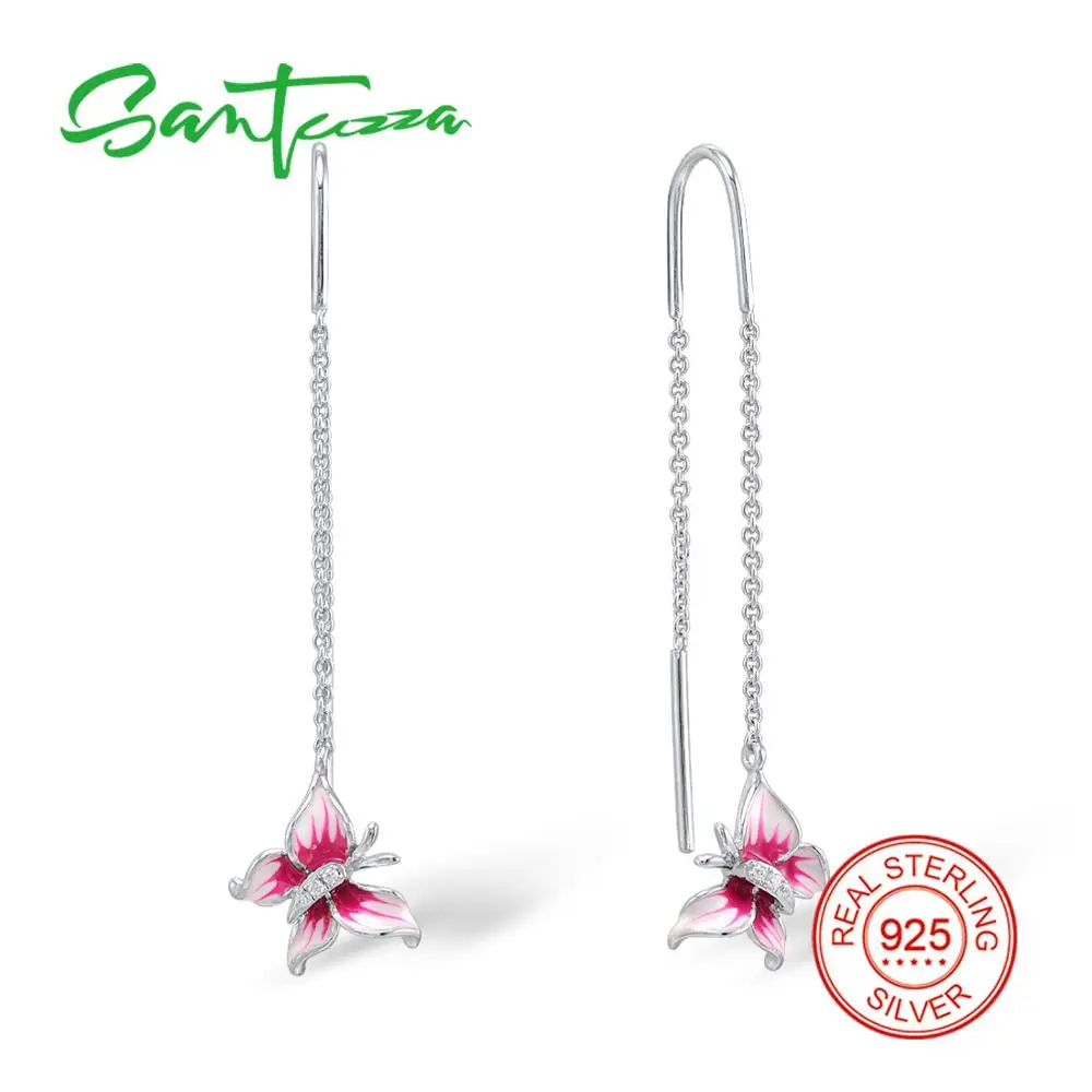

SANTUZZA Silver Earrings For Women 925 Sterling Silver Dangle Earrings Long Silver 925 Cubic Zirconia brincos Jewelry Enamel