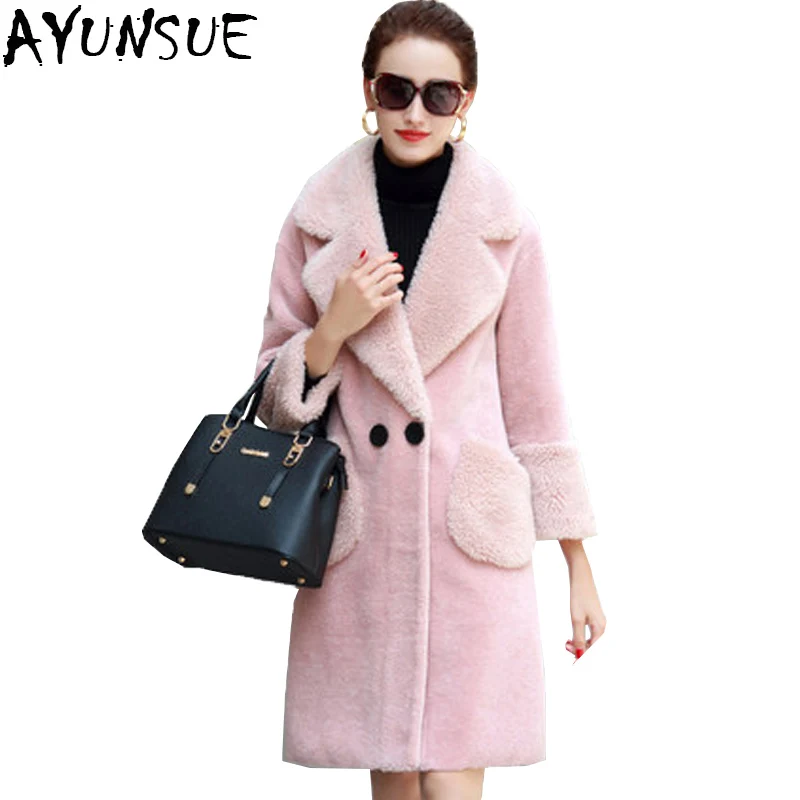 

Real Fur Coat Women Sheap Shearing Jacket 2019 Winter Warm 100% Wool Overcoat Female Pink Long Parka manteau femme hiver LX2500