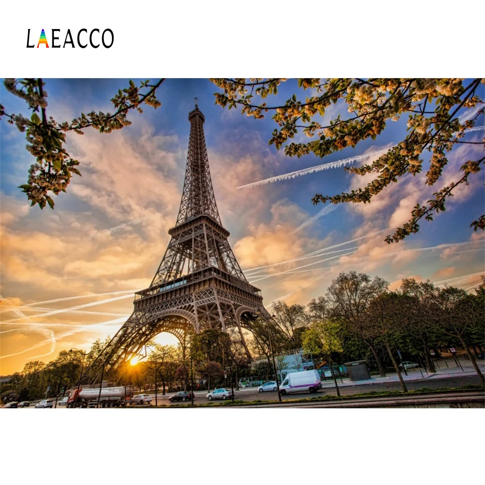 Фотофоны Laeacco City Street с изображением Эйфелевой башни автомобилей живописный