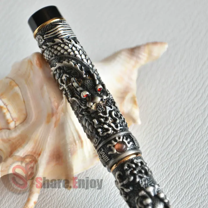 Шариковая ручка JINHAO старая серая с двумя бусинами DRAGON PLAY медная золотым и