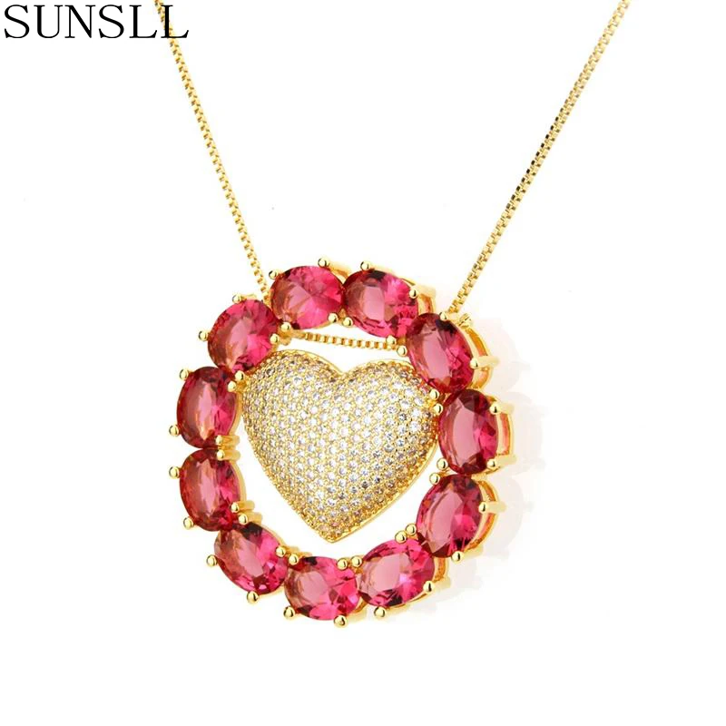 

SUNSLL Gold Copper Red Cubic Zirconia Heart Pendant Necklace Women's Fashion Party Beautiful and Elegant Jewelry Pendant