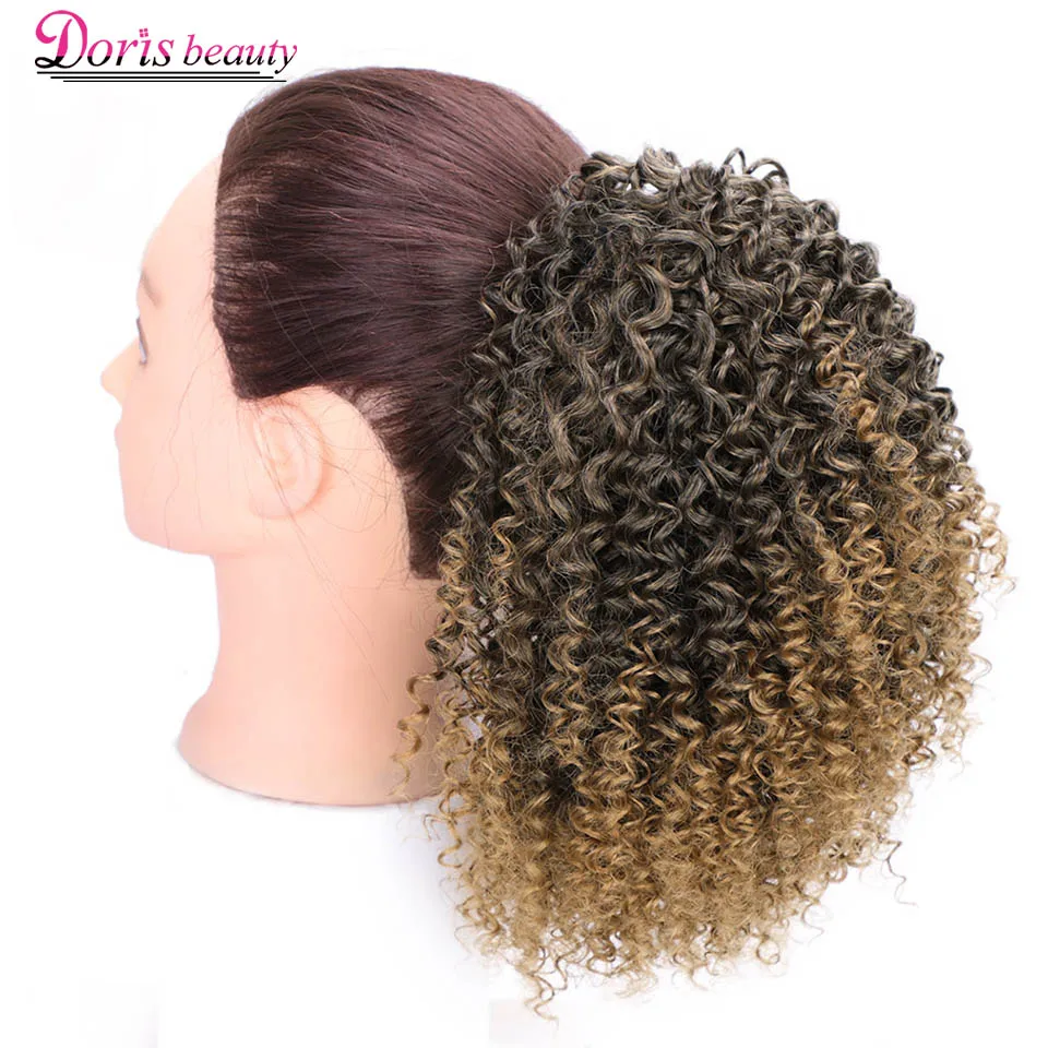 

Ombre Drawstring Ponytail Puff Afro Kinky Curly African American Synthetic Clip in Pony Tail Hair Extensions Short Wrap Black