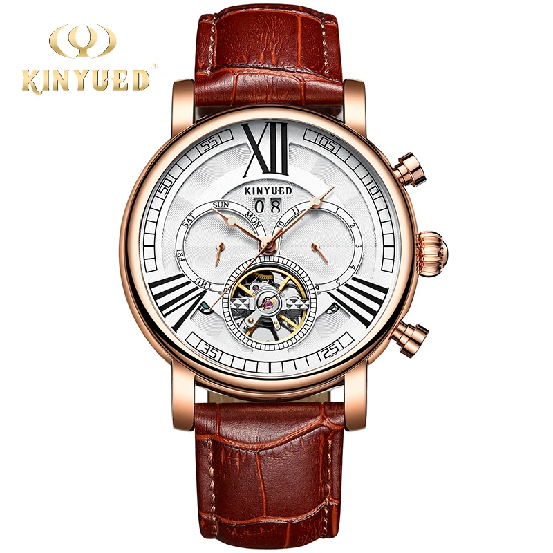 

KINYUED Relogio Masculino Fashion Leather Men Automatic Watch Calendar Waterproof Sports Mechanical Tourbillon Watches Dropship