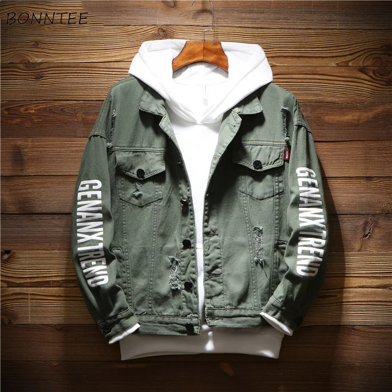 

Jackets Men Single Breasted Letter Printed Pockets Leisure Daily Ulzzang Hip Hop Jacket Mens Trendy High Quality Denim Coats