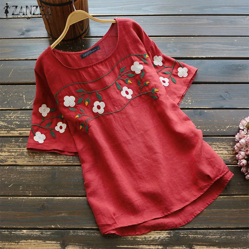 

ZANZEA Plus Size Women's Blouse Ladies Short Sleeve Tops Chemiser Mujer Casual Tunic Embroidered Shirts Vintage Cotton Blusas