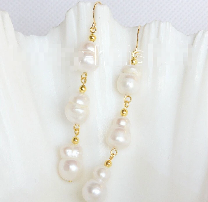

> luster Dangle twin 12mm white Reborn keshi pearl Earrings 14KGP gold j10762