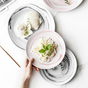 

1pc Modern Marble Design Service Plate Ceramic Dinner Plate Household Dinnerware Dish Plate Rice Dessert Dish 8/9.8 inch