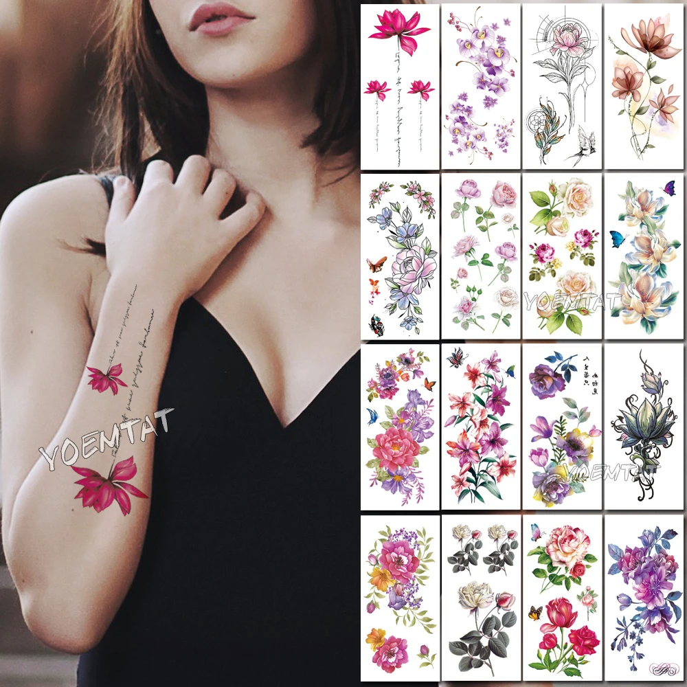 1 Piece Dark Pink Simple Line Text Fake Temporary Tattoo Stickers Rose Flowers Arm Shoulder Tatoo Waterproof Women Flash Tatto Temporary Tattoos Aliexpress