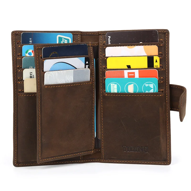 

2017 New Cowhide Leather Mens Credit Card Holder with 16 Card Pockets Business Luxury Solid Hasp Box Card Case Wallet Brown 4047